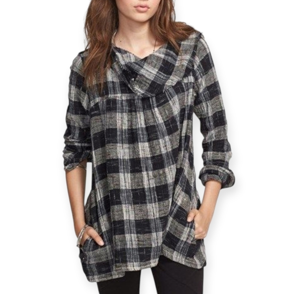 Free People Walk In The Park Plaid Tunic Top with Pockets Size XS